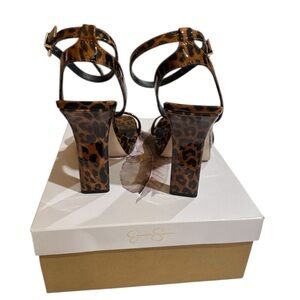 Jessica Simpson Brown Leopard Block Heel Ankle Strap Sandals